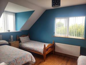 a bedroom with two beds and blue walls at Castleview in Milltown