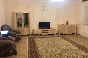 a living room with a tv and a couch and a rug at Собственный дом в фруктовом саду 