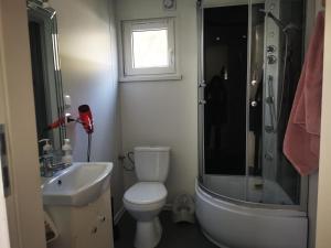 a bathroom with a shower and a toilet and a sink at Domek Holenderski Chałupy 3 Kemping in Władysławowo
