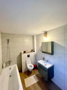 ein Badezimmer mit einem WC, einem Waschbecken und einer Badewanne in der Unterkunft Cabana din Livada, Călimănești in Sălătrucel
