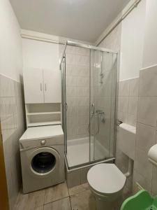 łazienka z prysznicem i pralką w obiekcie Apartman II u centru grada w mieście Kutina