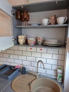 a kitchen counter with a sink and cups and plates at Apartamenty Tomaszów Lubelski - Żółty in Tomaszów Lubelski