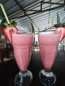two pink cocktails sitting on a table with strawberries at Garrison Alojamiento , selva y Turismo y Comida in Tingo María