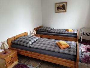 a bedroom with two bunk beds and a nightstand at Kottmarschenke - Gästezimmer und Ferienwohnung am Kottmar in Kottmar