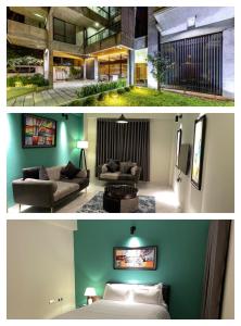 two pictures of a bedroom and a living room at Gulshan Stylish 3 bedroom Luxury Apartment in Prime location in Dhaka