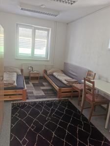 a room with two beds and a table and a desk at Living Bratislava & Bus Station & Mlynské Nivy in Bratislava