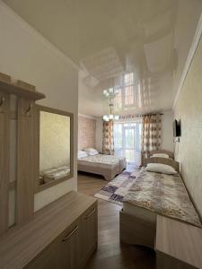 ボステリにあるГостевой дом RAZAMのベッド2台と鏡が備わる広い客室です。