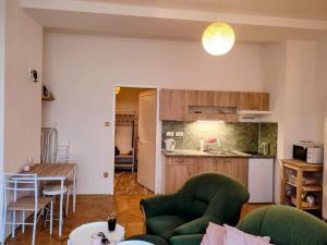 uma sala de estar com um sofá verde e uma cozinha em Cosy warm apartment in the heart of Prague. em Praga