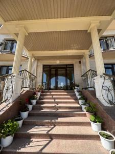 eine Treppe, die zu einem Gebäude mit Topfpflanzen führt in der Unterkunft Отель РАЗАМ in Bosteri