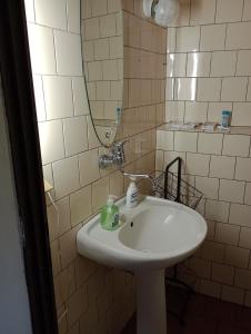 a bathroom with a white sink and a mirror at Chata Žár in Žár