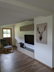 een woonkamer met een flatscreen-tv en een hertenverf bij Schroider in Kössen