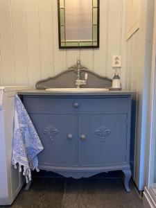 niebieska szafka z umywalką w łazience w obiekcie The Olav-house from 1840, at farm Ellingbø w mieście Vang I Valdres