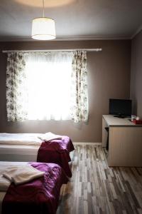 a bedroom with two beds and a window at Pensiunea Oxana in Lipova