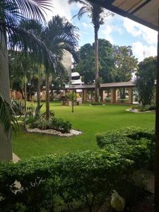 a green yard with palm trees and a building at Lindo DPTO en Condominio Cama KING in Santa Cruz de la Sierra