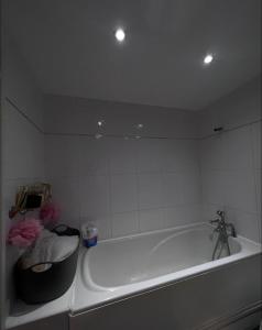 uma casa de banho branca com uma banheira e um lavatório em Private Room BeachFront Apartment em Portsmouth