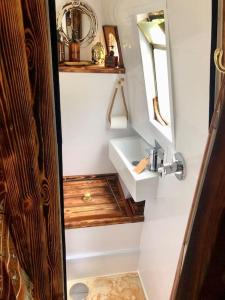 a bathroom with a sink and a mirror at SNUG 30ft NARROWBOAT WITH FIREPLACE in Bishopbriggs