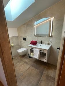 uma casa de banho com um lavatório, um WC e um espelho. em Obermühlhof em Saalfelden am Steinernen Meer
