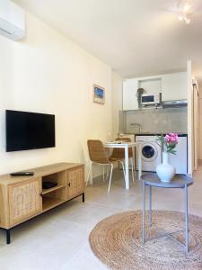 - un salon avec une télévision et une table avec un vase dans l'établissement Studio Le Provençal proche plage, à Saint-Mandrier-sur-Mer