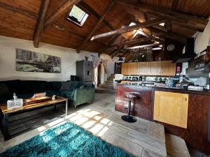 Tregaron的住宿－Coed Y Ddraig - themed 3 bedroom cottage, with bar & pool table，带沙发的大客厅和厨房