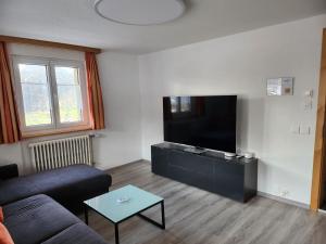 een woonkamer met een bank en een flatscreen-tv bij Steinbock in Grächen