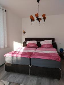 Un dormitorio con una cama con sábanas rosas. en Ferienwohnung Paul Hille, en Dresden