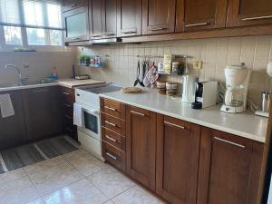 a kitchen with wooden cabinets and a counter top at Siamos Villa in Vonitsa