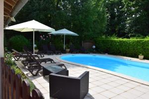 a swimming pool with lounge chairs and umbrellas at Le Petit Relais in Calès