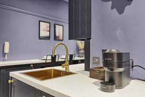 濱海紹森德的住宿－Opulent Abode - Stunning One-Bedroom Flat - Southend Stays，厨房配有水槽和台面上的咖啡壶