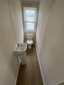 a bathroom with a toilet and a sink and a window at Impeccable 3 bedroom lodge pet friendly in Northampton