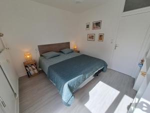 1 dormitorio con 1 cama con edredón azul en Emplacement Top, en Alençon