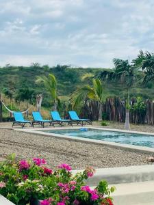 una piscina con sillas azules, palmeras y flores en casaNorte paraíso norteño mirador de Ballenas, en Canoas de Punta Sal