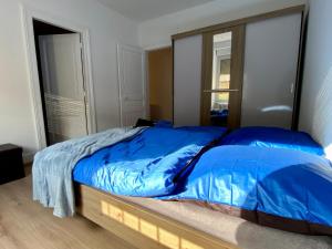 ベルフォールにあるAppartement Le lionのベッドルーム1室(大型ベッド1台、青いシーツ付)