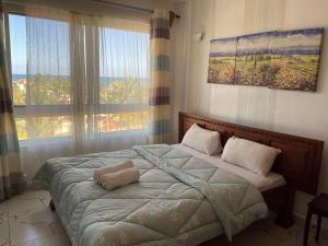 - une chambre avec un lit et une grande fenêtre dans l'établissement Pinebreeze Holiday Resort, à Nyali