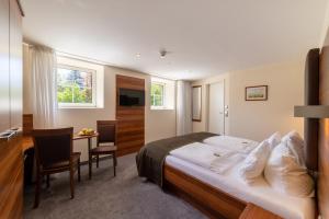 - une chambre avec un lit, un bureau et une table dans l'établissement Hotel Schöngarten garni, à Lindau
