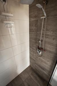 y baño con ducha con cabezal de ducha. en Domki Pod Dębem, en Sulęczyno