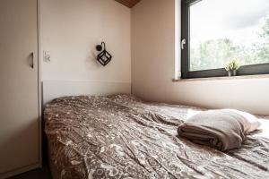1 cama en un dormitorio con ventana en Domki Pod Dębem en Sulęczyno