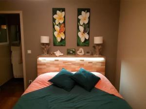 een slaapkamer met een bed met twee schilderijen aan de muur bij Jolie maison moderne et sereine à Labenne in Labenne