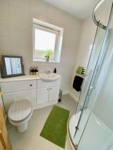 a bathroom with a toilet and a sink and a shower at cosy town bungalow in Inverlochy +27 photos