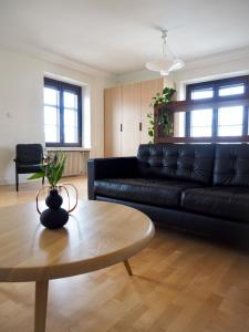 a living room with a black leather couch and a coffee table at Rautatienkatu 13 B in Lahti