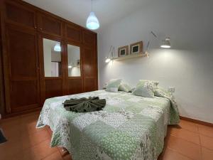 a bedroom with a bed with a green and white blanket at Casa Lia and friends in Playa Blanca