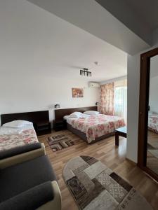 a hotel room with two beds and a couch at Vila Alex&Razvan in Tulcea