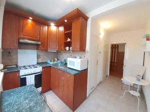 a kitchen with wooden cabinets and a white microwave at Parkside double room 2 in Budapest