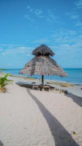 een grote rieten parasol op een zandstrand bij AFLII Beach Club ( Zanzibar Beach ) in Mtwara