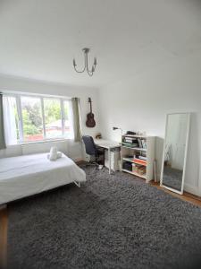 1 dormitorio con cama, escritorio y espejo en Large family home near Richmond Park en New Malden