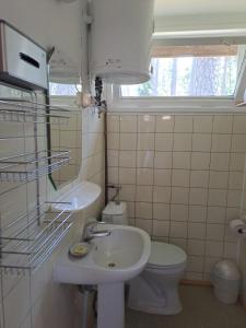 a bathroom with a sink and a toilet and a window at Zakątek Mazurski GIM in Teerau