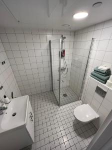 a white tiled bathroom with a shower and a toilet at Koselig studioleilighet in Jessheim