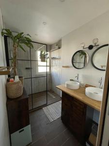 a bathroom with a shower and two sinks and a mirror at Joli duplex de 75m2 à 10mn à pieds de la plage in Le Lavandou