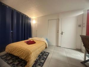 Appartement T2 Colombier pour 5 personnes vue mer في سانت كلوتيلد: غرفة نوم بسرير وبطانية صفراء