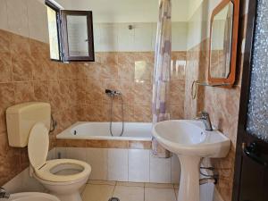 a bathroom with a toilet and a sink and a tub at Sokol Guest House in Velipojë