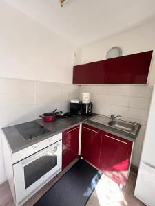 een kleine keuken met rode kasten en een wastafel bij Les jacinthes in Marseille
